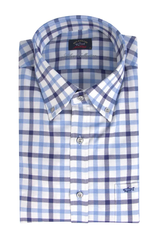 Paul & Shark Silver Oxford Cotton LS Shirt Blue Check