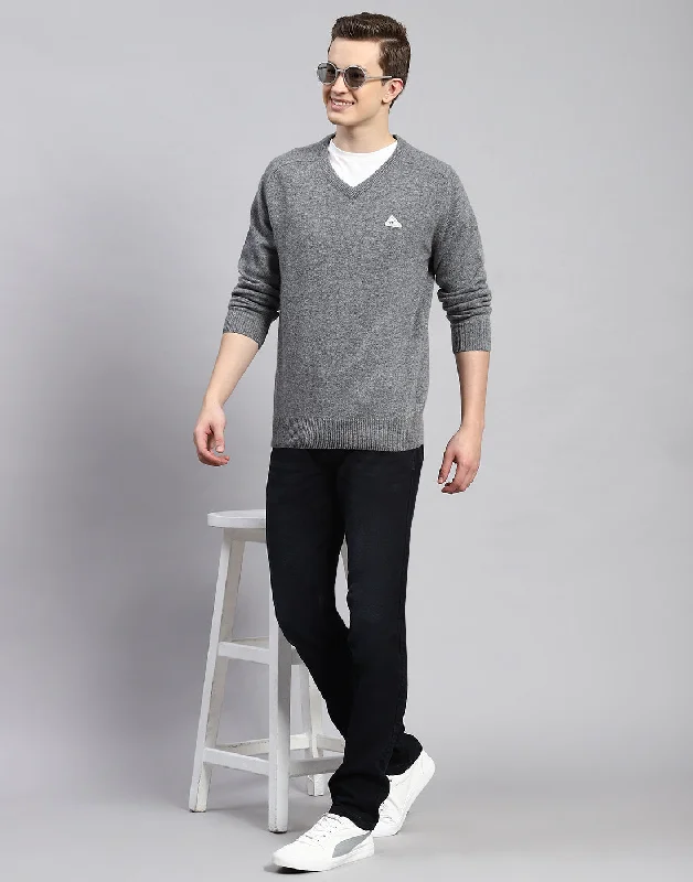 Men Grey Solid V Neck Full Sleeve Pullover