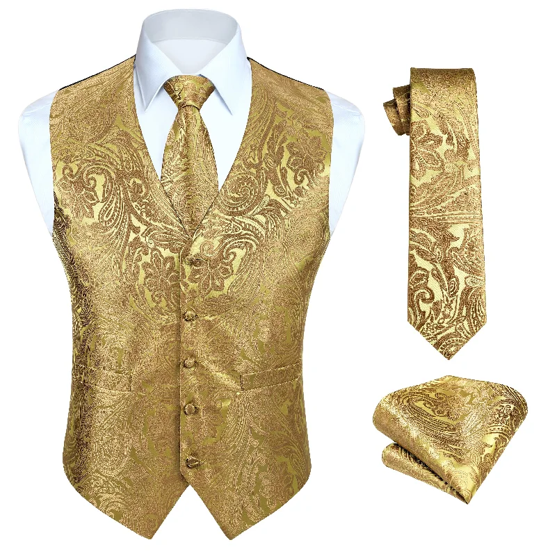 Paisley Floral 3pc Suit Vest Set - GOLD FLORAL