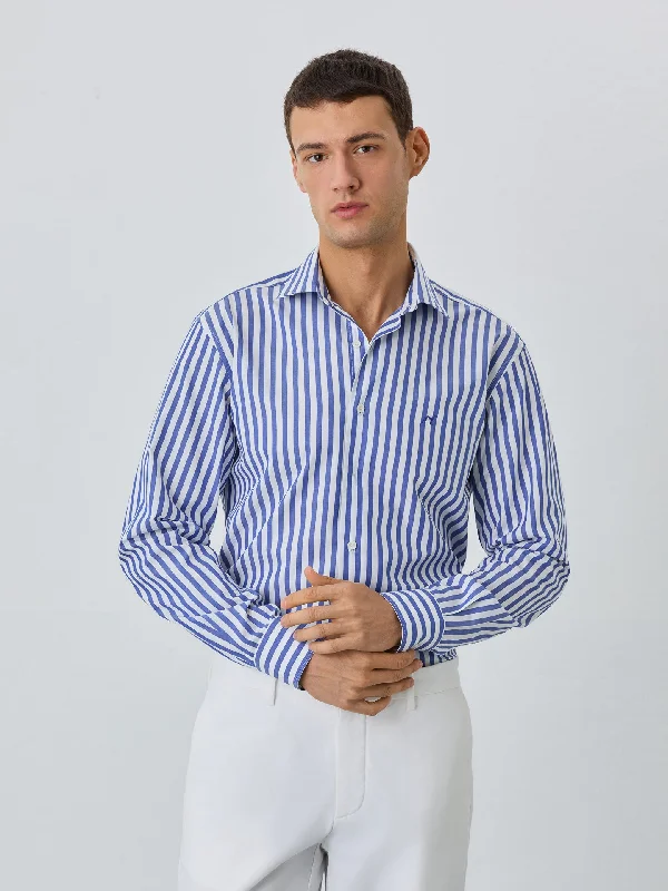 Slim Fit Shirt With Open Collar in BCI Cotton With Stripes