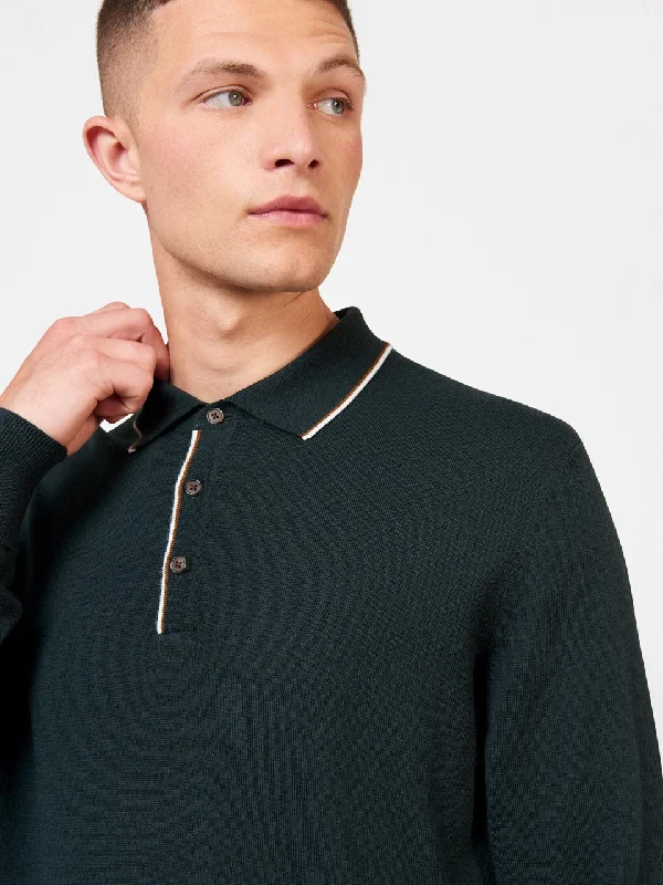 Tipped Merino Knit Sweater Polo - Dark Green