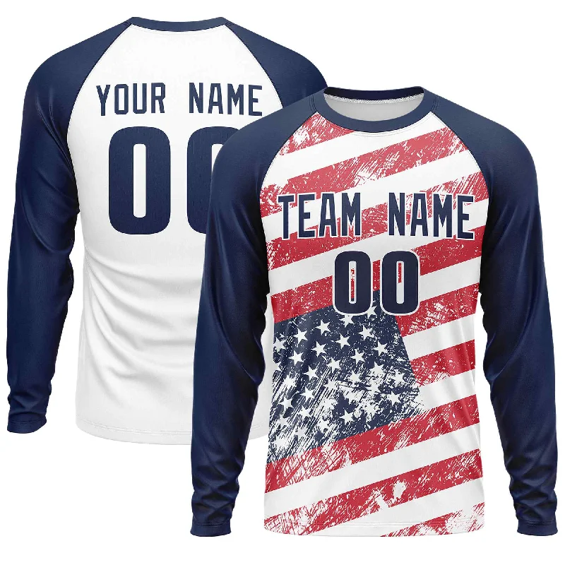 Custom White Navy-Red Personalized American Flag Design Long Sleeve Performance T-shirt