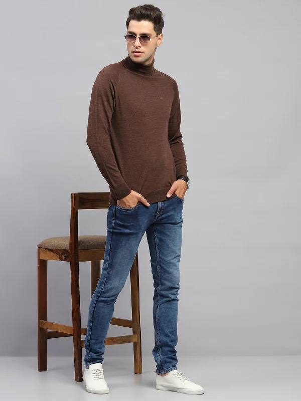 Men Brown Solid Turtle Neck Full Sleeve Pullover