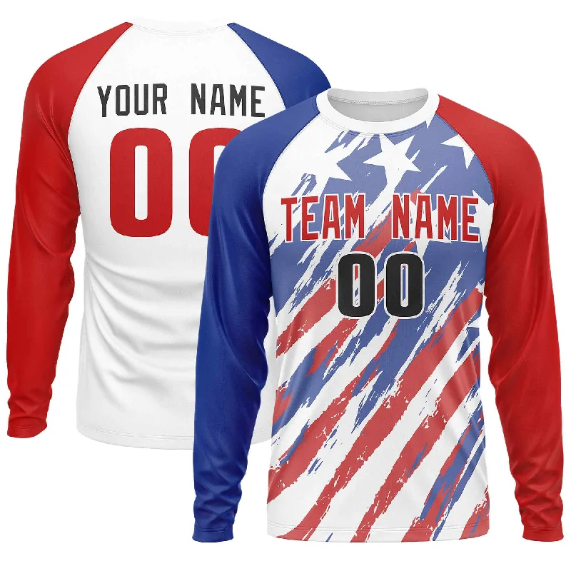 Custom White Royal-Red Personalized American Flag Design Long Sleeve Performance T-shirt