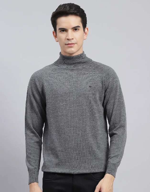 Men Grey Solid High Neck Full Sleeve Pullover