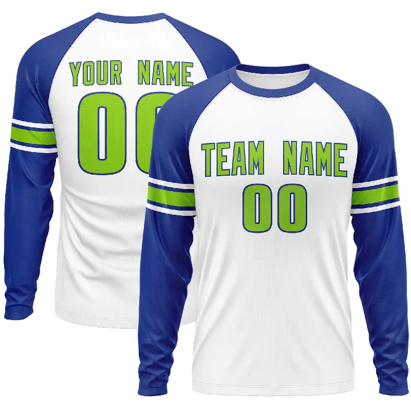 Custom White Royal Neon Green Crew Neck Personalized Raglan Long Sleeve Performance T-shirt