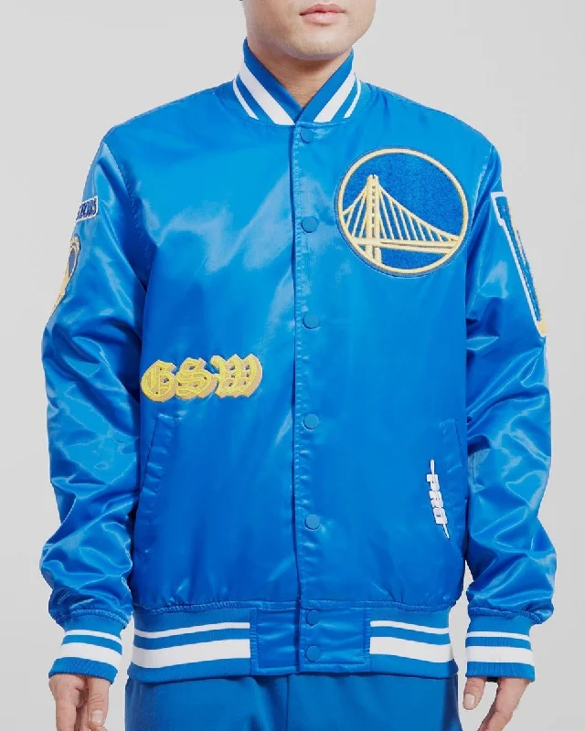 NBA GOLDEN STATE WARRIORS OLD ENGLISH MEN'S SATIN JACKET (ROYAL BLUE)