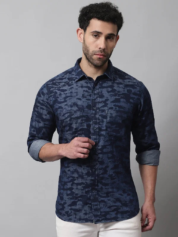 Men's Dark Blue Casual Camouflage Denim Print Full Sleeve Shirt