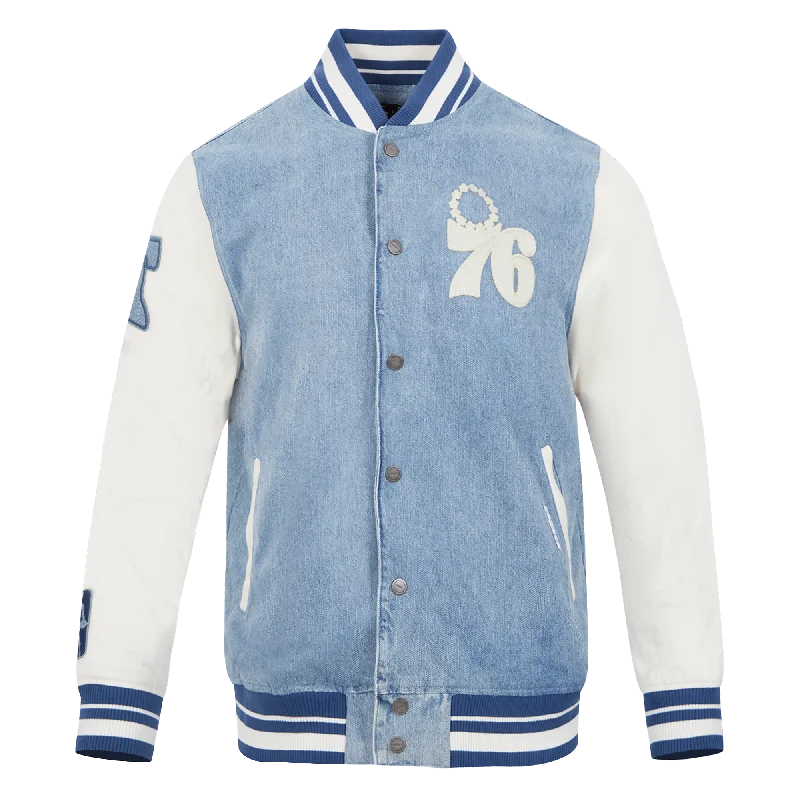 NBA PHILADELPHIA 76ERS VARSITY BLUES MEN'S DENIM VARSITY JACKET (DENIM/LINEN)