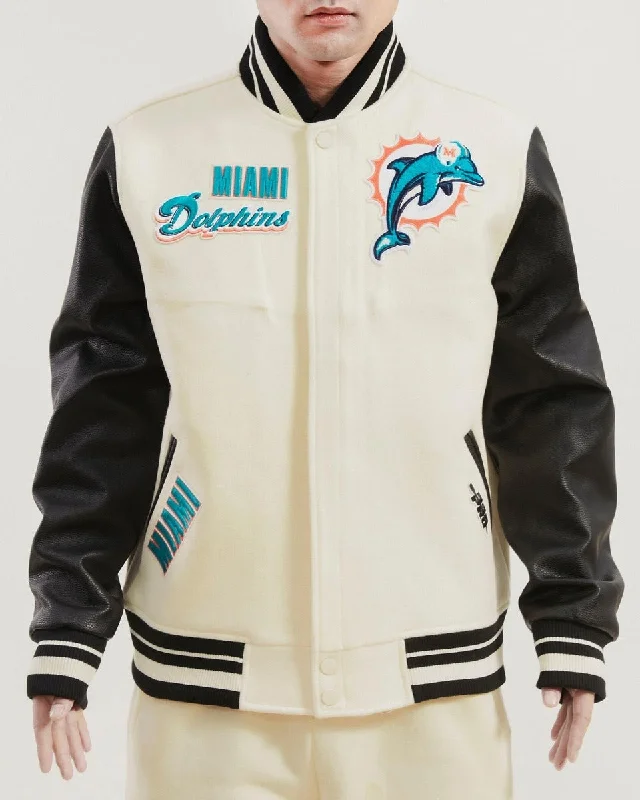 NFL MIAMI DOLPHINS RETRO CLASSIC MEN'S RIB WOOL VARSITY JACKET (EGGSHELL/ BLACK)