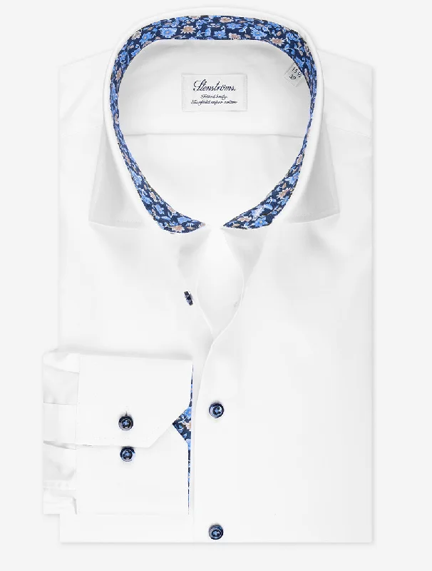 White Plain With Floral Inlay Fitted Body Shirt