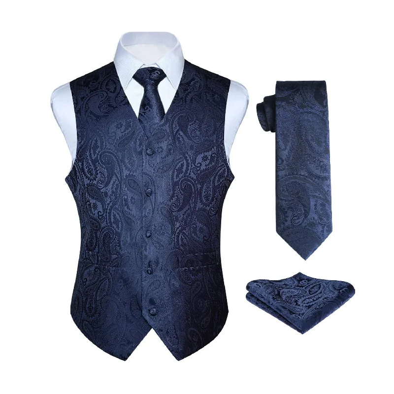 Paisley Suit Vest Tie Handkerchief Set - 01-NAVY BLUE