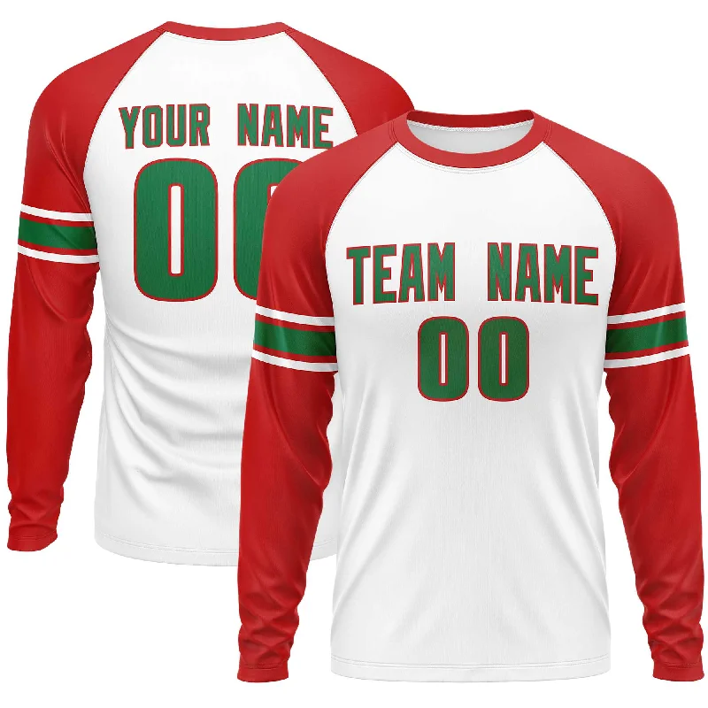 Custom White Red Kelly Green Crew Neck Personalized Raglan Long Sleeve Performance T-shirt