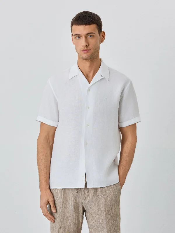 Regular Fit Shirt With Cuba Collar And Short Sleeves In Linen