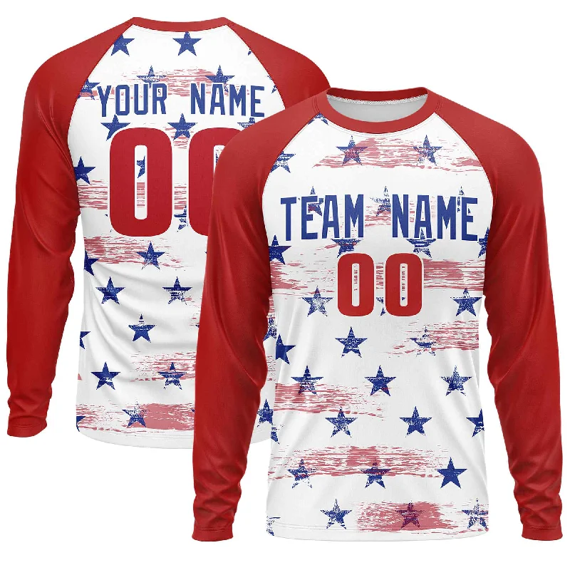 Custom White Red-Royal Personalized American Flag Design Long Sleeve Performance T-shirt