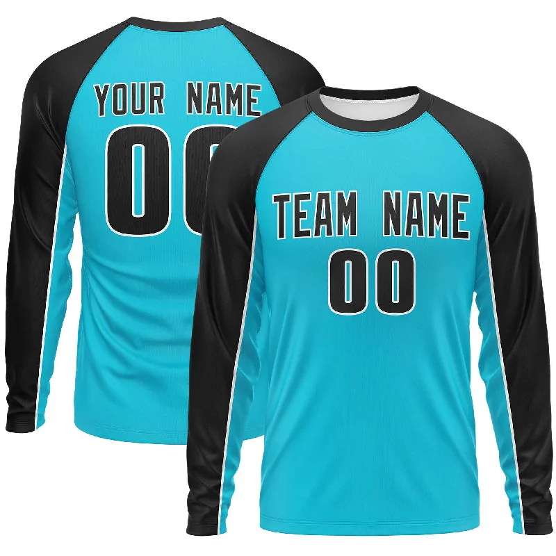 Custom Sky Blue Black Crew Neck Raglan Long Sleeve Performance T-Shirt