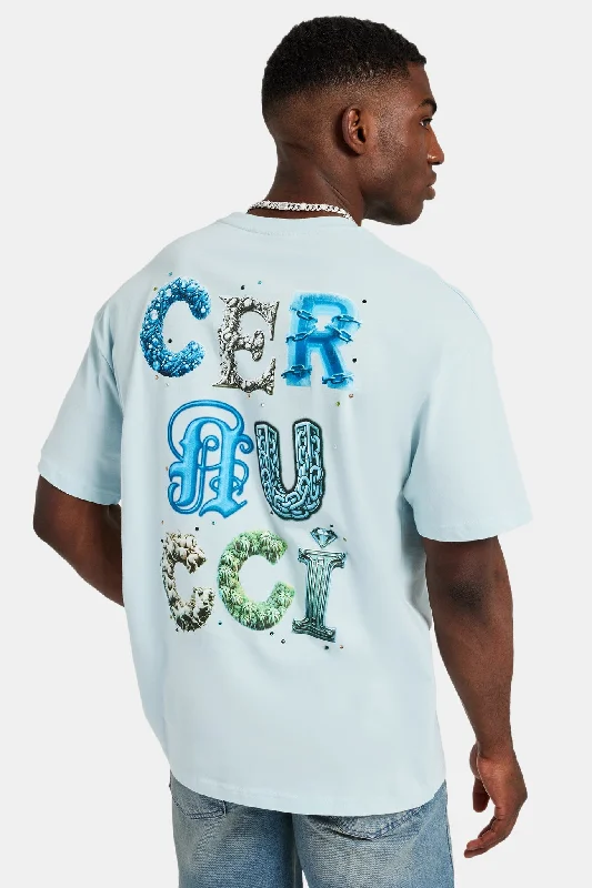 Cernucci Letter Rhinestone Oversized T-Shirt - Light Blue