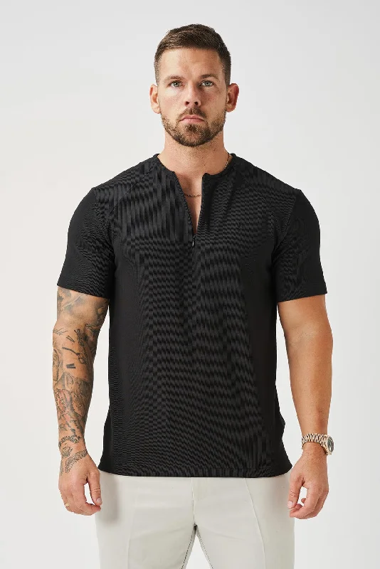 RIBBED HENLEY TOP - BLACK