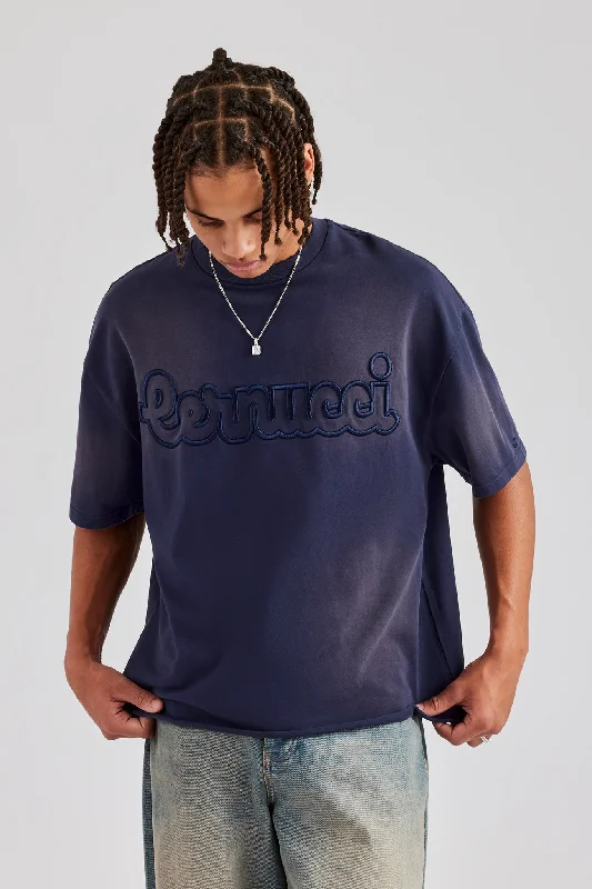 Washed Boxy Distressed T-Shirt - Navy Blue